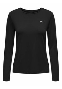 Camisa de manga larga negra, confeccionada en tejido suave, con escote redondo y un pequeño logo blanco en el pecho.