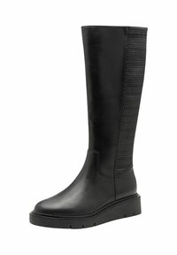 Térd fölé érő fekete bőr csizmák texturált hálós panellel, kerek orral, vastag gumitalppal és minimalista varrási részletekkel.