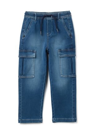 Pantaloni cargo in denim blu con vita regolabile con lacci, tasche laterali e due grandi tasche cargo su ogni gamba. Design slim fit.