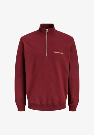 Burgunderfarbener Viertel-Zip-Pullover mit gerippten Bündchen und Saum, ausgestattet mit einem weißen, gestickten Logo auf der Brust, aus einem weichen Baumwollmischgewebe gefertigt.