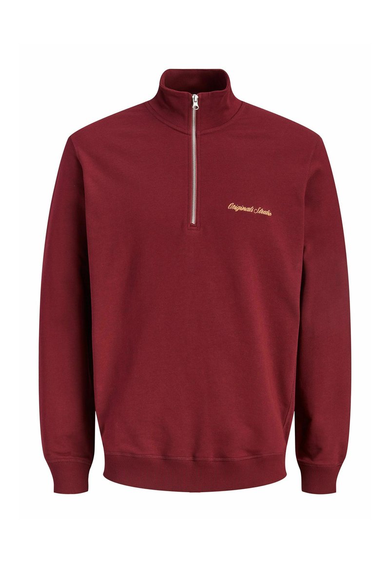 Burgunderfarget genser med kvart glidelås, ribbede mansjetter og hem, featuring en hvit brodert logo på brystet, laget av myk bomullsmiks.