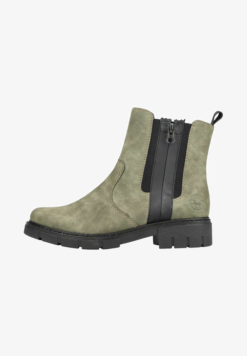 Grüne synthetische Leder-Ankle-Boots mit schwarzen elastischen Seitenpanelen, Reißverschluss an der Rückseite und strukturiertem Gummisole. Verstärkte Nähte und Logo-Detail.