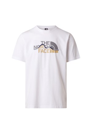 Bílé bavlněné tričko s grafickým motivem "THE NORTH FACE" v šedé, zlaté a černé barvě. Standardní kulatý výstřih a krátké rukávy.
