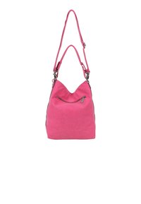 Borsa hobo in suede rosa con parte superiore a V, tracolla regolabile e tasca frontale con zip. Presenta una texture liscia e un design minimalista.