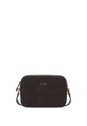 Borsa a tracolla rettangolare marrone scuro con motivo a rilievo ripetuto e logo oro "LIU JO" sul davanti, tracolla regolabile con hardware dorato.