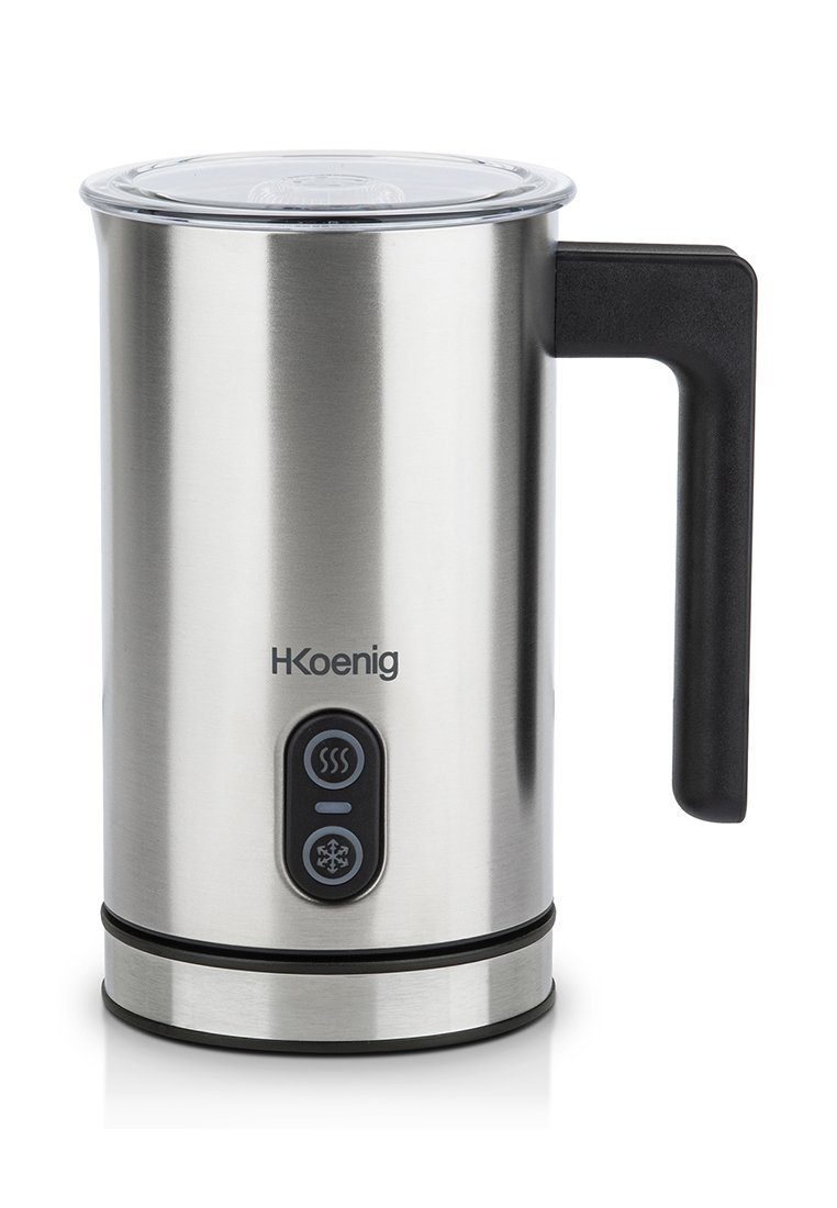 Frullatore in acciaio inossidabile con manico nero, base circolare e pulsanti di controllo per riscaldamento e raffreddamento. Coperchio trasparente visibile sopra.