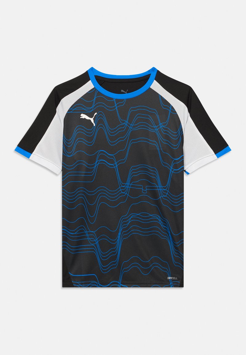 Melns sporta krekls ar ziliem viļņu rakstiem, īsām piedurknēm un sietiņa akcentiem. Ķipa zila apkakle un balts logotips uz krūtīm.