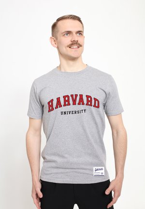 Šedé bavlněné tričko s nápisem "HARVARD" v červeném písmu a "UNIVERSITY" v černém písmu níže. Krátké rukávy s štítkem na dolním lemu.