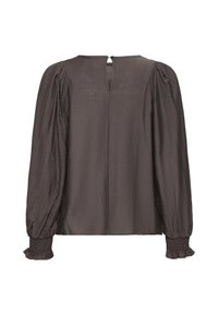Mørkegrå bluse med lange, puffede ærmer. Har en subtil glans, åbning med nøglehul i ryggen og smockede manchetter for en samlet effekt.