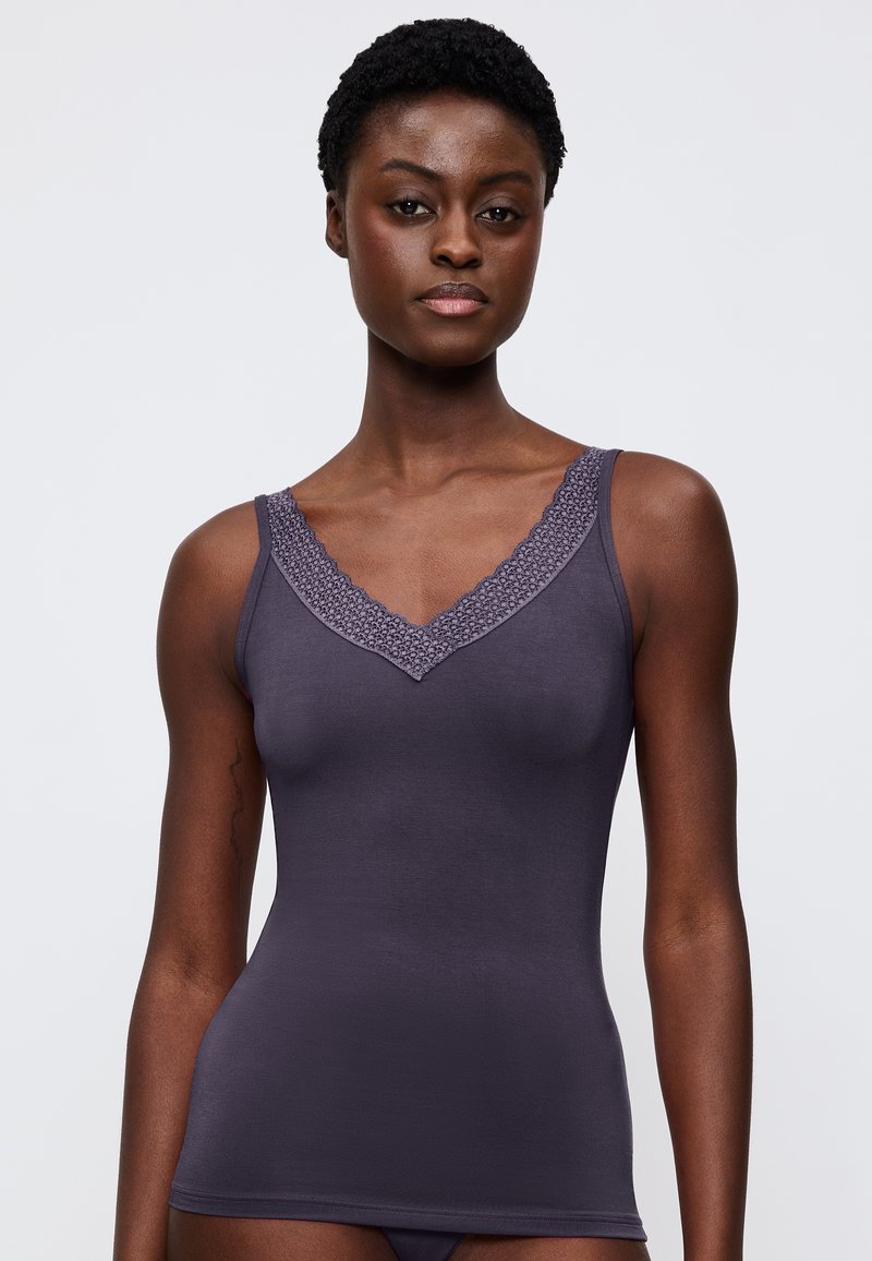 V-neck tank top in dark gray with lace trim at the neckline. Made from smooth, soft fabric, featuring narrow shoulder straps and a fitted shape.
