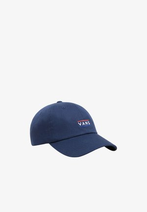 Casquette en coton bleu marine avec visière courbée, sangle réglable et logo brodé "VANS" en rouge et blanc sur le devant. Texture lisse.