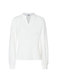 Weiße Bluse mit langen Ärmeln, V-Ausschnitt, gerafften Schulterdetails und gerüschten elastischen Bündchen.