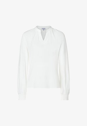 Weiße Bluse mit langen Ärmeln, V-Ausschnitt, gerafften Schulterdetails und gerüschten elastischen Bündchen.