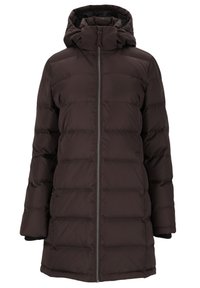 Ciemnobrązowy puchowy płaszcz z zapięciem na zamek, regulowanym kapturem i pikowanym wzorem. Posiada boczne kieszenie i średniej długości krój. Gładka tekstura.