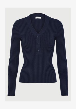 Pulover tricotat cu dungi de culoare bleumarin, cu decolteu în V, caracterizat printr-o închidere cu butoane și mâneci lungi. Textură moale cu siluetă ajustată.