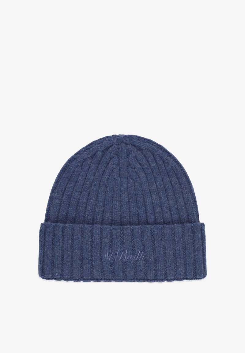Gorro de punto azul marino con textura acanalada y un dobladillo doblado, con una sutil letra bordada "St. Barth’s" en la parte delantera.