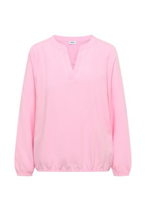 Blouse rose pâle à manches longues avec encolure en V fendue, col rond, poignets élastiques et ourlet froncé élastique.