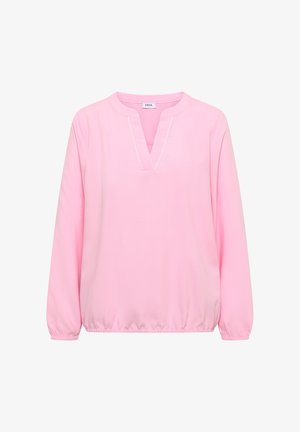 Blusa de manga larga de color rosa claro con escote en V con muesca, cuello redondo, puños elásticos y dobladillo fruncido elástico.