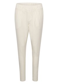 Pantalon beige clair fuselé avec une taille élastique, deux poches latérales et des plis avant, confectionné dans un tissu lisse.