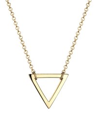 Collana d'oro con un pendente triangolare, caratterizzata da una finitura liscia e lucida e una catena a maglie. Design geometrico semplice, senza accenti aggiuntivi.