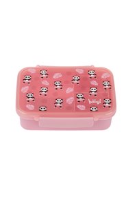Lunch box rosa in plastica con illustrazioni di panda e motivi a foglia. Caratterizzato da una chiusura a scatto, forma rettangolare e superficie liscia.