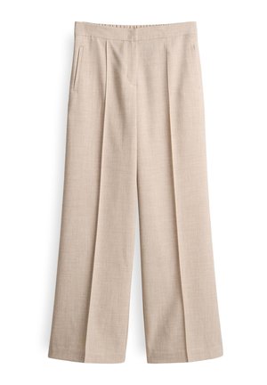 Pantaloni beige a gamba larga in un mix di lino testurizzato, con pieghe frontali e tasche laterali. Vita liscia, design su misura.