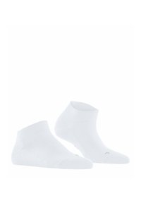 Witte enkel sokken van een zachte, rekbare stof; ribbels aan de bovenrand en verstevigde teen; eenvoudig ontwerp zonder patronen of accenten.