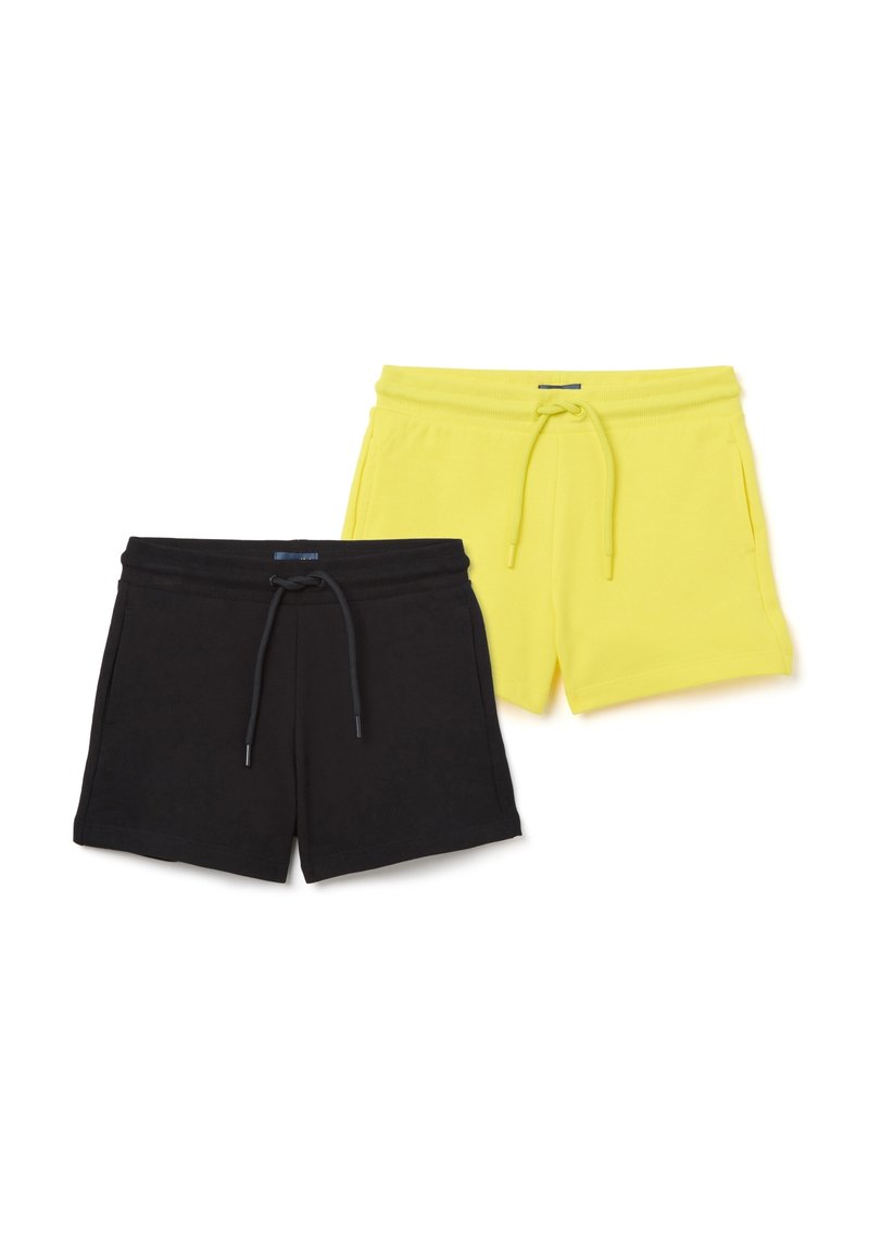 Dos pares de pantalones cortos: uno negro y uno amarillo fluorescente. Ambos tienen una cinturilla elástica con cordón y bolsillos laterales.