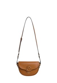 Smešani kožni crossbody torba s okruglim oblikom, preklopnim zatvaranjem, reljefnim logotipom i podesivim remenom. Glatka tekstura.