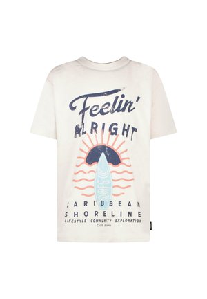 Witte t-shirt met korte mouwen, voorzien van een kleurrijke surfplankgraphic, zonnestralen en tekstontwerpen in blauw, roze en zwart. Casual pasvorm, zachte katoen.