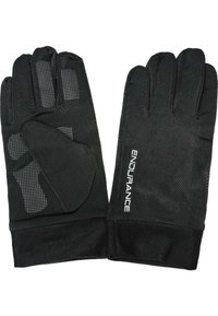 Zwarte handschoenen gemaakt van een soepel materiaal met een textuur voor grip op de handpalmen. Kenmerken zijn een strakke pasvorm en een accent met het woord "ENDURANCE."