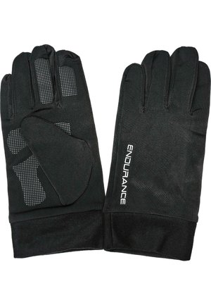 Gants noirs en matériau lisse avec une prise texturée sur les paumes. Les caractéristiques incluent un ajustement serré et un accent avec le mot "ENDURANCE."