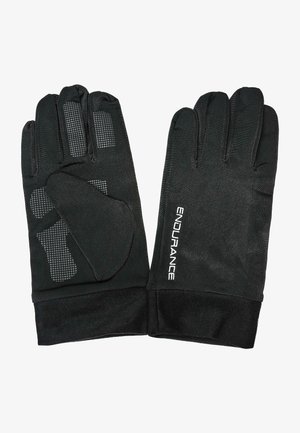 Zwarte handschoenen gemaakt van een soepel materiaal met een textuur voor grip op de handpalmen. Kenmerken zijn een strakke pasvorm en een accent met het woord "ENDURANCE."