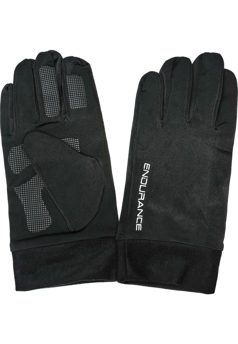 Zwarte handschoenen gemaakt van een soepel materiaal met een textuur voor grip op de handpalmen. Kenmerken zijn een strakke pasvorm en een accent met het woord "ENDURANCE."