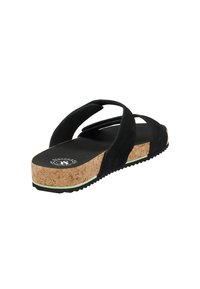 Black suede slide sandals with a cork sole, featuring dual straps and a textured rubber outsole for grip.