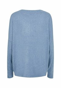 Hellblaues Langarm-Sweatshirt mit lockerer Passform, Rundhalskragen und weichem, strukturiertem Stoff, von hinten gezeigt.