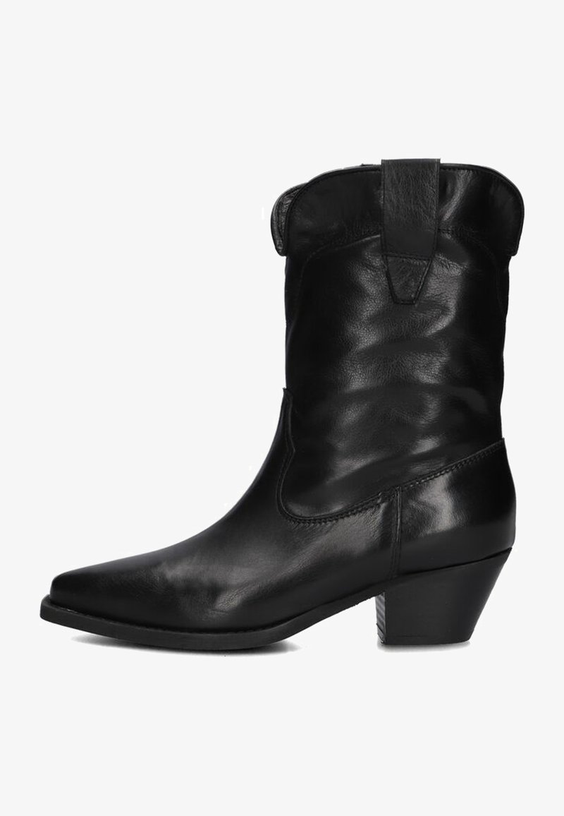 Zwarte leren cowboylaars met een iets spitse neus, lage hak en kenmerkende stiksels langs de zijkanten. Vlotte textuur en gestructureerd ontwerp.