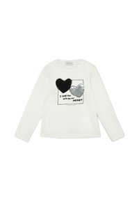T-shirt bianco a maniche lunghe con cuori neri e argento, e la scritta "Ti amo con tutto il mio cuore" in un font giocoso.