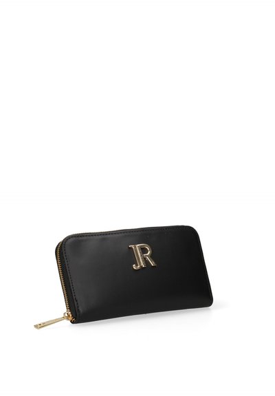 Portefeuille noir à fermeture éclair avec logo JR doré et tirette de fermeture assortie sur fond blanc.