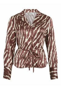 Brun og elfenbensfarvet mønstret blouse lavet af satin, med krave, knaplukning foran og en bundet talje for formjustering.