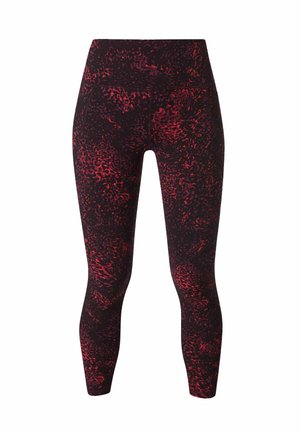 Zwarte legging met een rood abstract patroon, een hoge tailleband, gevormde naden en een nauwsluitende pasvorm, gemaakt van rekbaar, ademend materiaal.