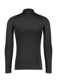 Schwarzes Langarmshirt mit hohem Kragen, aus glattem Stretchstoff, mit flachen Nähten und taillierter Passform.