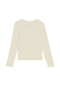 Langærmet ribbet top i lys creme, med en rund hals og en lidt cropped nederste kant. Glat tekstur med minimale sømdetaljer.