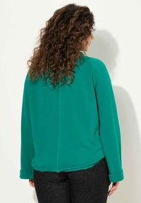 Maglietta verde teal a maniche lunghe con orlo arrotondato e maniche a polsino, realizzata in tessuto morbido; una cucitura decorativa corre lungo il retro.