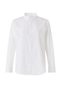 White, long-sleeve shirt made of cotton. Features a button-up front, collar, and straight cut. Smooth texture with a classic design.