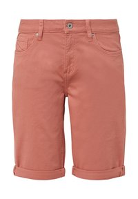 Shorts pour hommes à revers doux de couleur corail, en tissu de coton, avec une fermeture à bouton à l'avant et deux poches latérales.