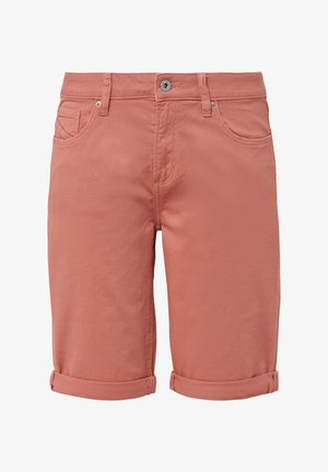 Pánske kraťasy s prehnutým manžetovým lemom v jemne koralovej farbe, vyrobené z bavlnenej tkaniny, s predným gombíkom a dvoma bočnými vreckami.