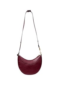 Burgundy læder skuldertaske med buet design, justerbar rem og lynlåslukning. Glat tekstur med diskrete syninger.