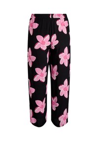 Pantaloni neri cropped con una vestibilità ampia, caratterizzati da grandi motivi floreali rosa e una vita elastica per il comfort. Tessuto leggero.