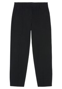 Zwarte rechte broek met zijzakken, riemlussen en een schone tailleband, plat weergegeven op een witte achtergrond.